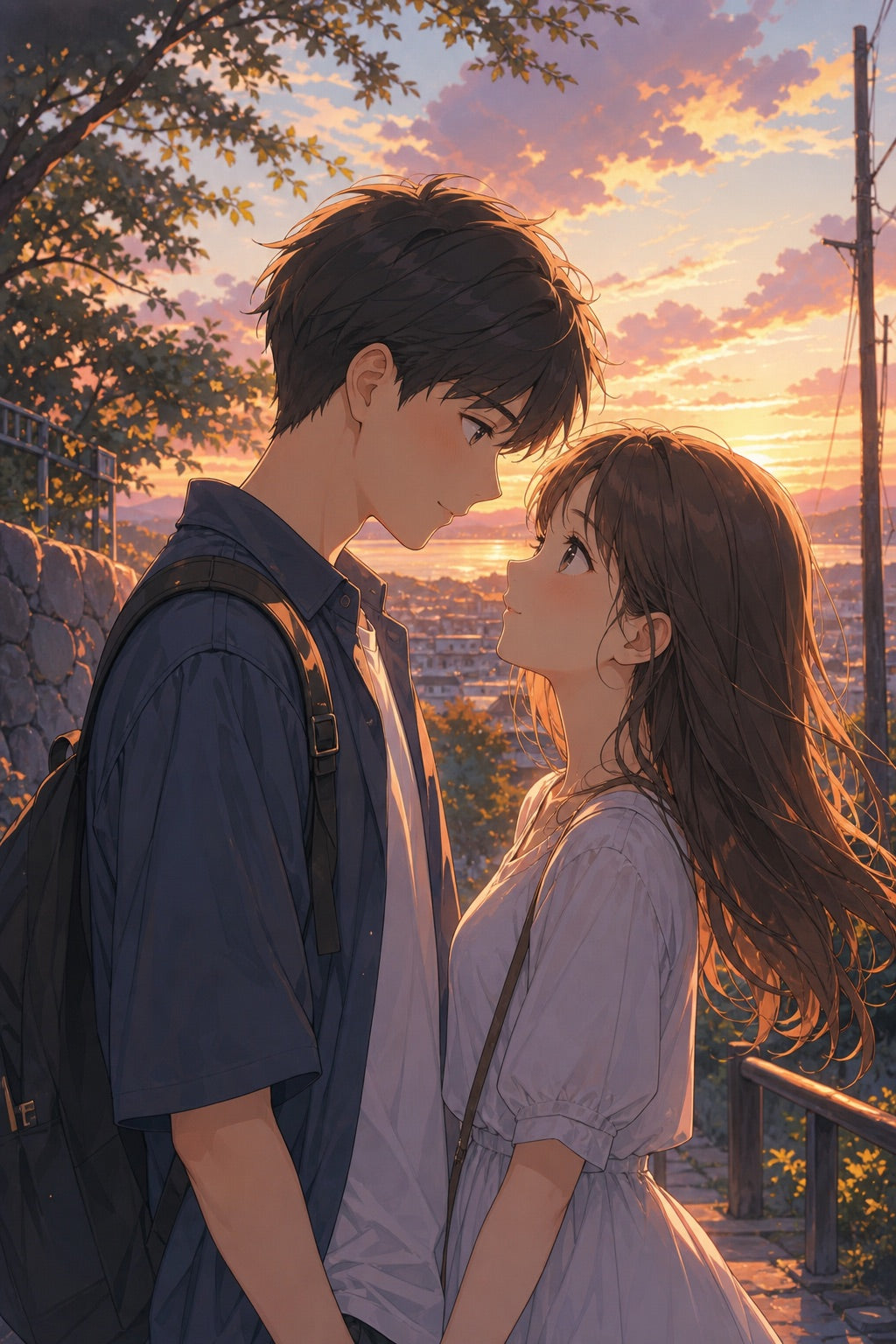 Portrait de couple dans un style manga original dessiné à la main, lumière de fin de journée