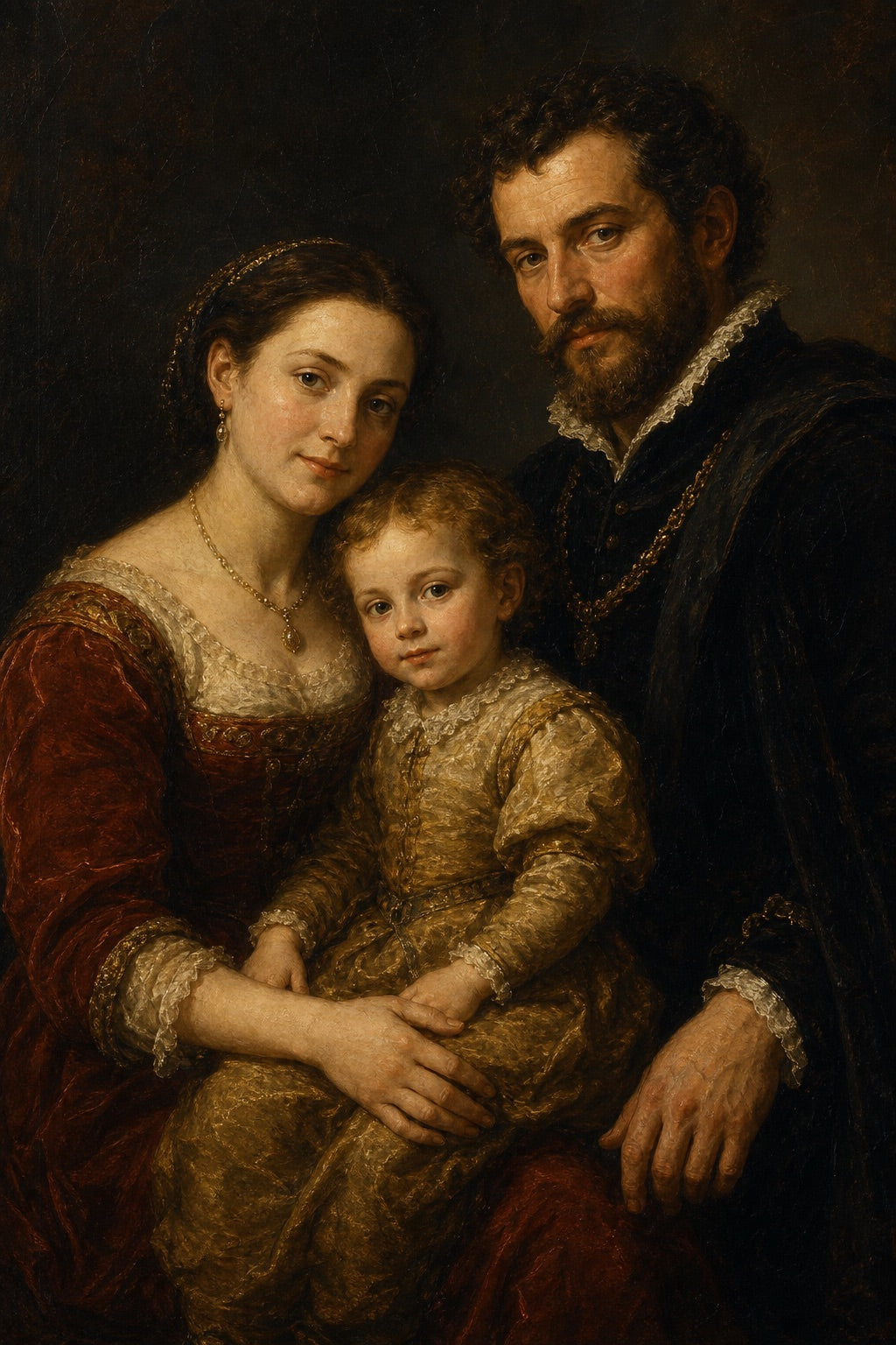 Portrait de famille personnalisé façon peinture classique, parents et enfant, encadré